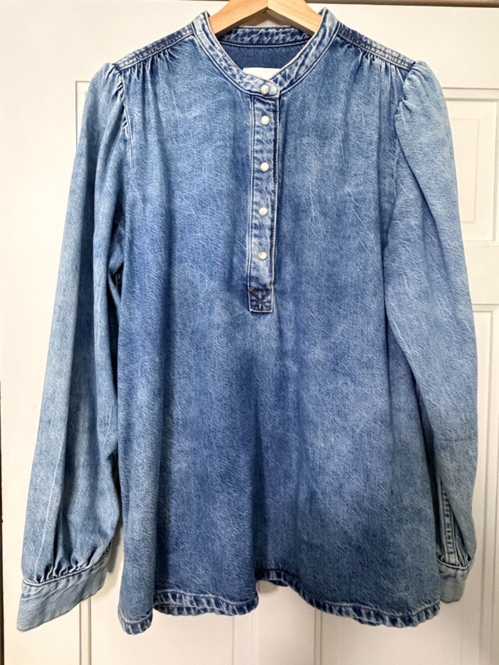 GANNI Lightweight Denim Henley Blouse Puff Sleeve Size 40